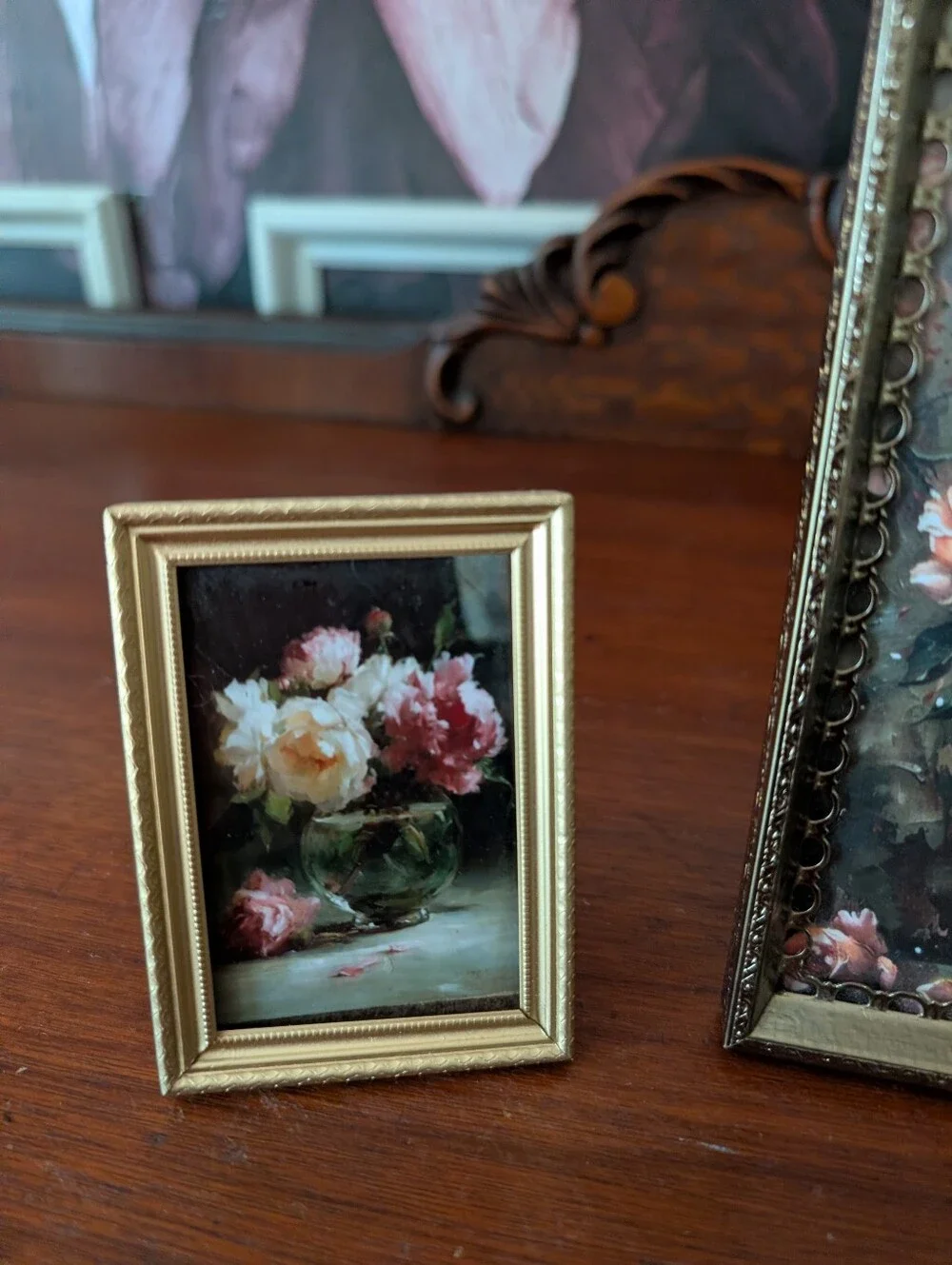 Vintage, set of 3, Gold Metal Detailed/Ornate Photo frames w/ VTG moody Prints
